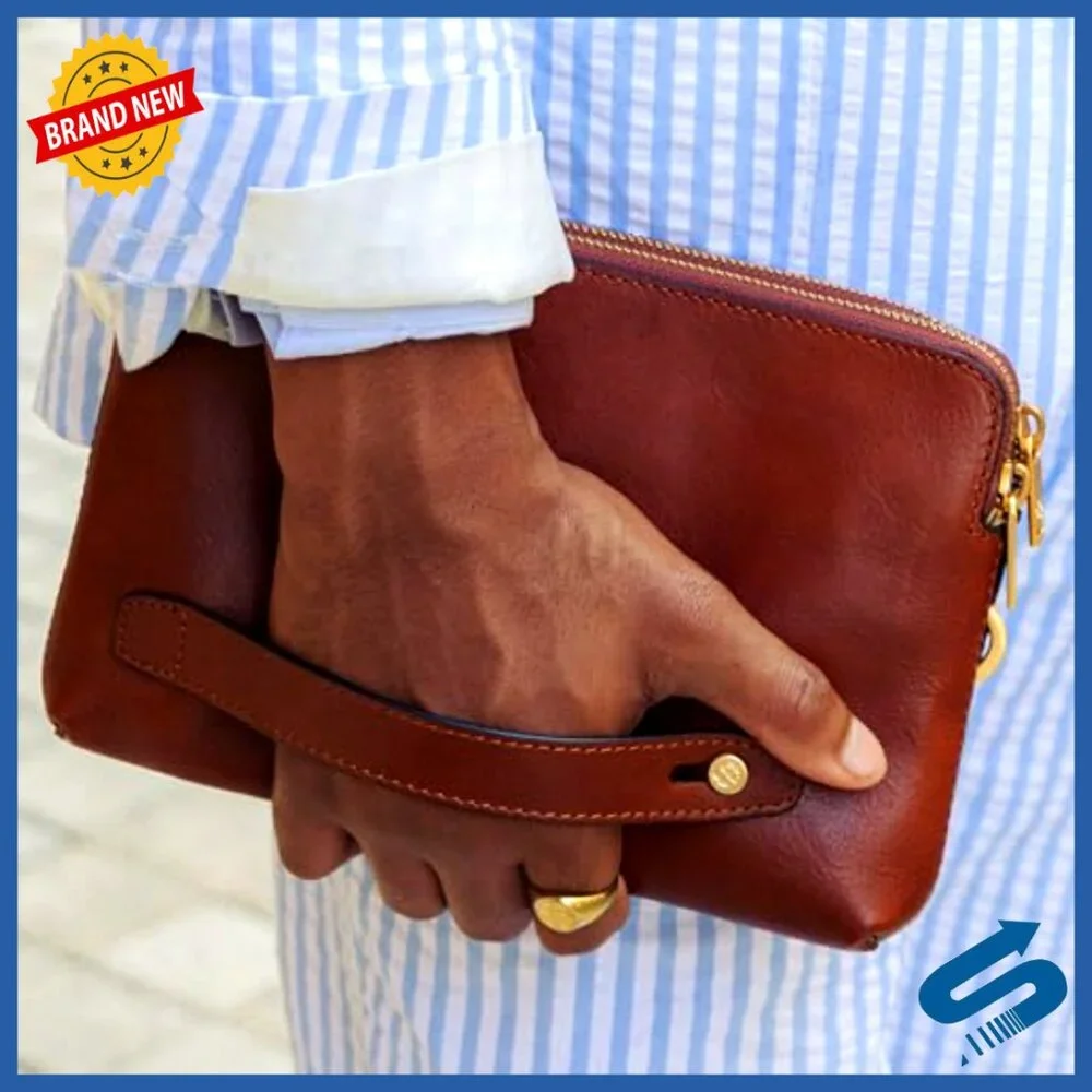 Handmade Italian Leather Clutch with Wrist Strap, Organizer Pockets